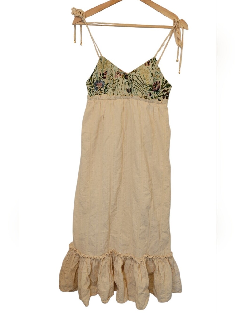 Cider XXS Beige Cottagecore Midi Dress Floral Tapestry Tie Strap 100% Cotton - Picture 2 of 9